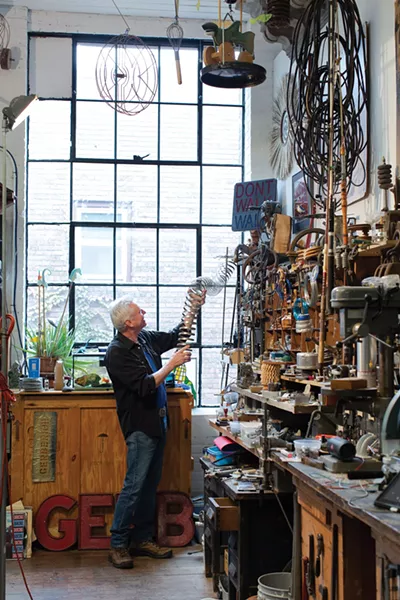 Steve Gerberich, Art Mechanic - The motto at the top of Steve Gerberich’s very followable Instagram page (#gerbography) reads: “If at first you don’t succeed, try epoxy.” Gerberich is an artist/tinker who works with overlooked common objects and hot glue to create kinetic sculpture that tickles the imagination. He describes his work as “a mixture of 1 cup Duchamp, 3 teaspoons Calder, 2 tablespoons Kienholz, ½ cup Cornell, 1 pound Rauschenberg, and a sprinkle of Tinguely.”