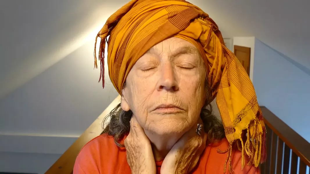 Linda Montano, “I’m Dying–My Last Performance,” 2015, 29 minutes, video, color, sound. Video still copyright of the artist, courtesy of Video Data Bank, www.vdb.org, School of the Art Institute of Chicago