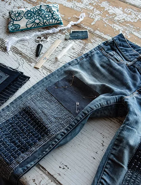 An example of an over-the-knee patch explained in the “How-To” section of Rodabaugh’s book, Mending Matters. “The value of fiber itself has gotten lost. It’s amazing, all the forms of creative reuse that were ingrained into what people did. If you were weaving a cloth yourself, then cutting it into a dress, those cast-offs would be so important, because you wove them.”