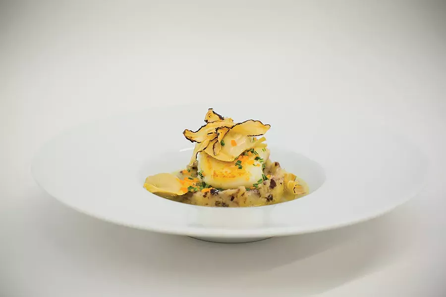 Roasted halibut over olive fingerlings and salsify chips - PHOTOS BY MARY KELLY