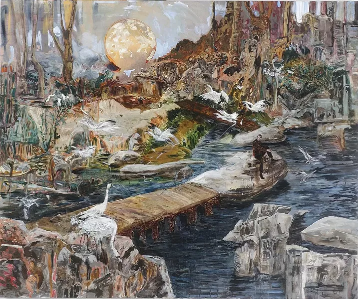 Hernan Bas, Night Flight or Midnight Migration, or On My Merry Way, mixed media on canvas, 2008.