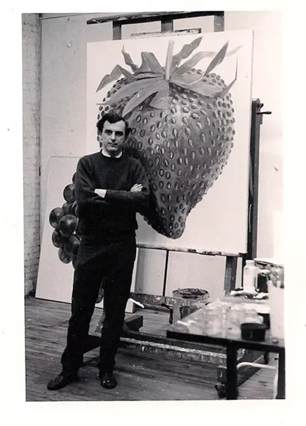 Don in his studio at 463 Broome Street in NYC in 1964 with his painting Strawberry.