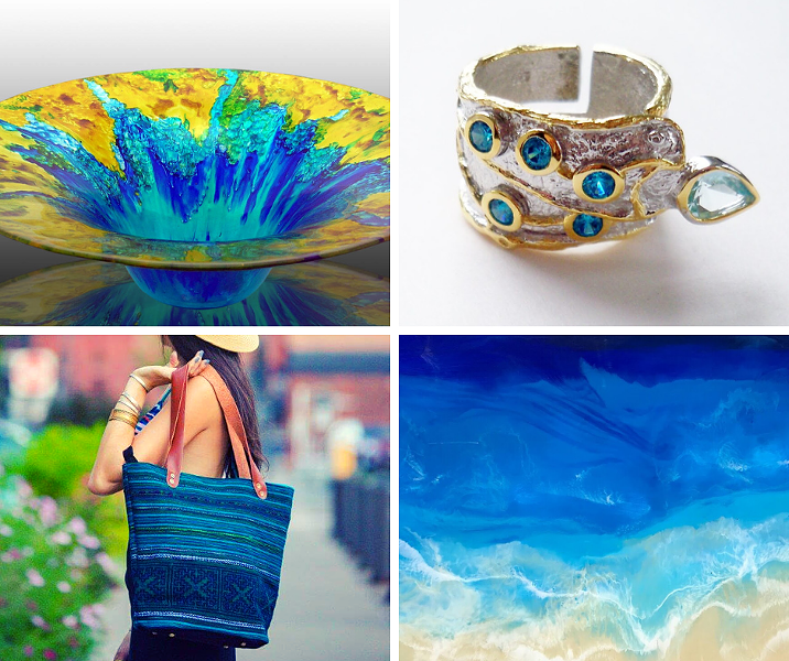 Clockwise from top left: Sand and Water Creations in Glass, Beautiful Things Jewelry, Nikita Fine Art, Natalie Rae NY.