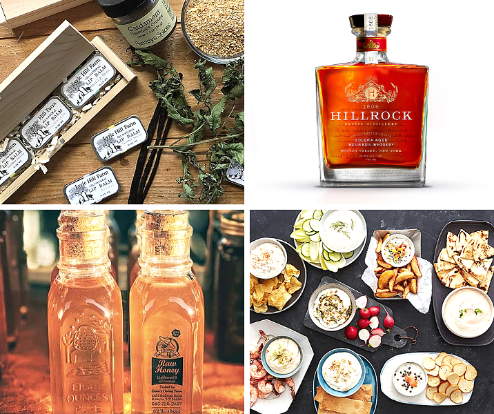 Clockwise from top left: Lyric Hill Farm, Hillrock Estate Distillery, Gourmet Creations, Laura's Raw Honey.
