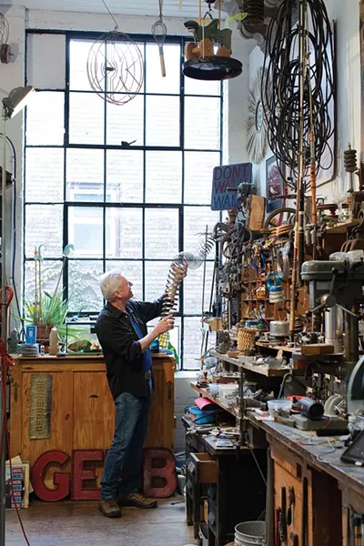 Steve Gerberich, Art Mechanic The motto at the top of Steve Gerberich’s very followable Instagram page (#gerbography) reads: “If at first you don’t succeed, try epoxy.” Gerberich is an artist/tinker who works with overlooked common objects and hot glue to create kinetic sculpture that tickles the imagination. He describes his work as “a mixture of 1 cup Duchamp, 3 teaspoons Calder, 2 tablespoons Kienholz, ½ cup Cornell, 1 pound Rauschenberg, and a sprinkle of Tinguely.”