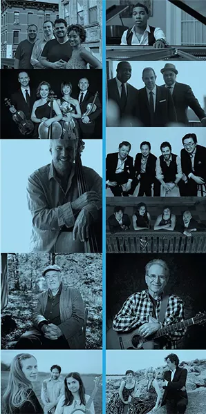 Left column from top: The Harlem Quartet, - Jasper String Quartet, Nilson Matta, Karl Berger, Elizabeth Mitchell and Family. - Right column from top: Christian Sands, The Bill Charlap Trio, Shanghai Quartet, Jupiter Quartet, Happy Traum, Trio Solisti.