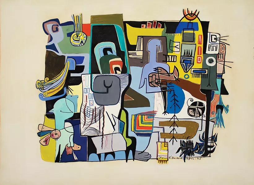 Sonja Sekula (1918–1963) | Pour l'Animal Noir, 1945 | ink and gouache on paper | 12 x 16 1/2 in. (30.5 x 41.9 cm) | Part of the exhibition, “Sparkling Amazons: Abstract Expressionist Women of the 9th Street Show” at the Katonah Museum, October 6-January 26, 2020. - COURTESY PETER BLUM GALLERY, NEW YORK.