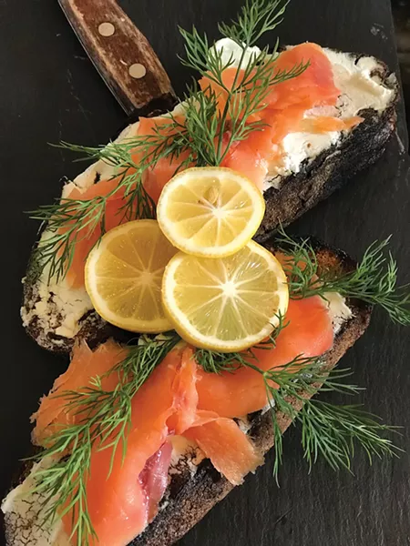 Smoked salmon and chevre tartine on grilled Sparrowbush levain.