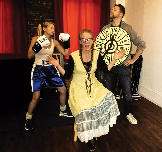 Lucy Miller (the Lop-Eared Rabbit), Cassidy Maze Bua (Meg), and Martin McKeon (Time) star in Sandra Dutton and Scott Petito's new musical, "JAMOT: Just a Matter of Time."