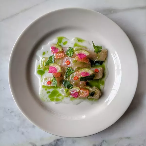 Fluke Crudo, coconut, thai chili, grapefruit, watermelon radish, mint, basil, cilantro, scallion oil - COURTESY OF SILVIA