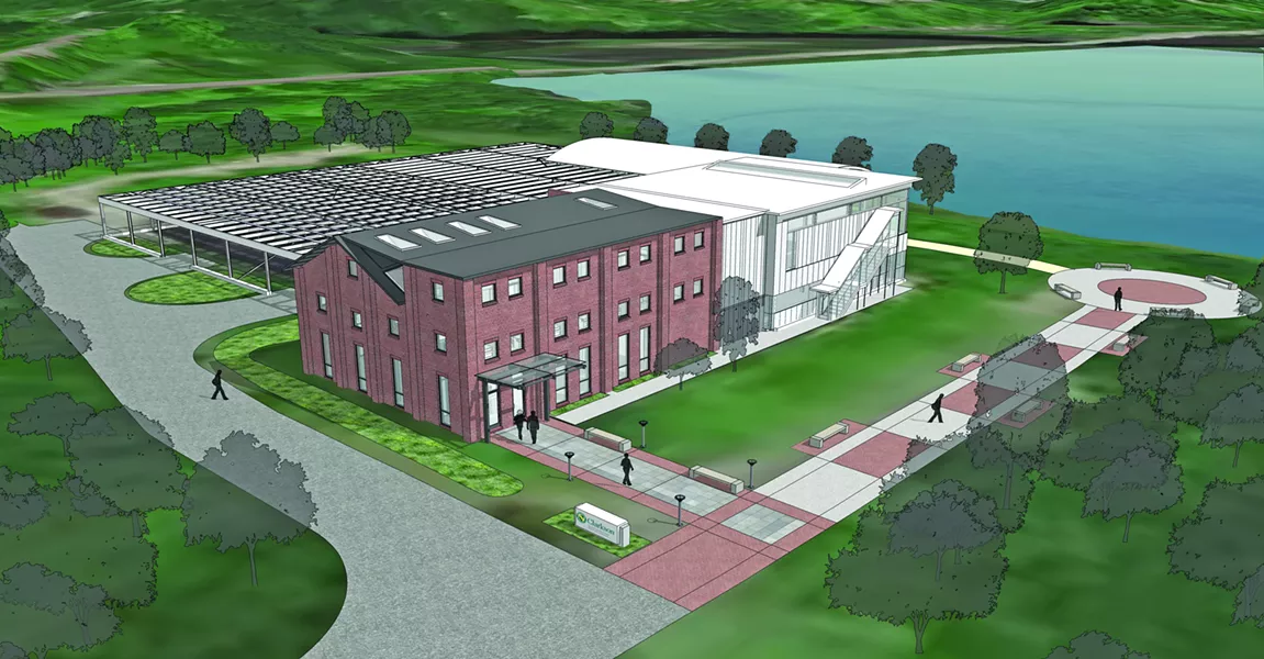 Exterior drawing of the new Clarkson facility on Denning's Point with the solar array parking structure