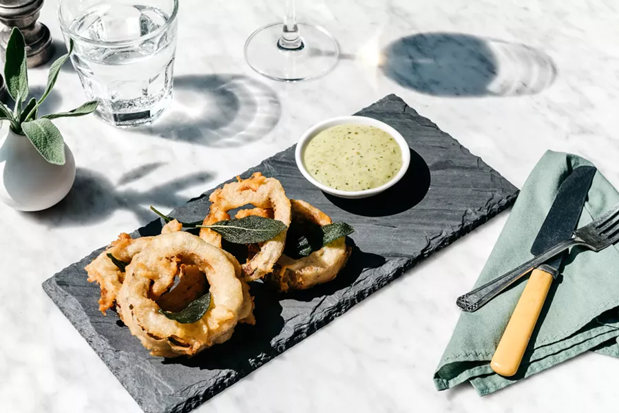 Delicata squash rings with herb aioli at Butterfield in Stone Ridge - PHOTO BY HARRISON LUBIN