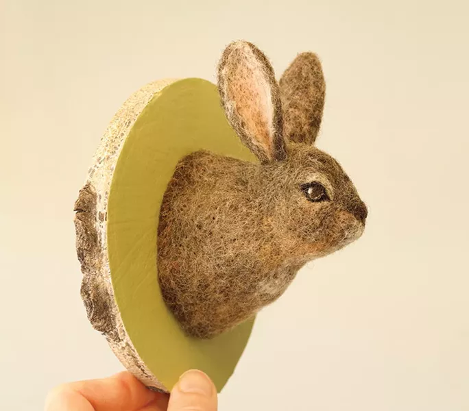 Portrait of a Snowshoe Hare in Summer, Erin Gardner, felt, painted aspen wood.