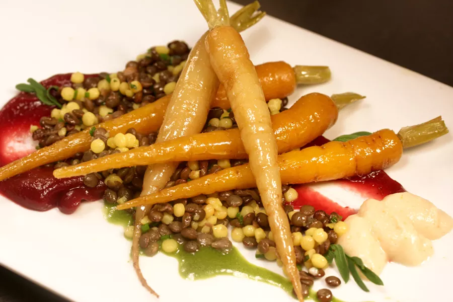 Olive oil-poached Carrots, lentils, and parsnips at Serevan.