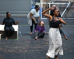 Ifeoma Ukatu with Samantha Jane Williams, Cory Sierra, Stefanie Workman, and Deborah Crumbie in February rehersals for “For Colored Girls Who Have Considered Suicide / When the Rainbow is Enuf” at SUNY New Paltz.