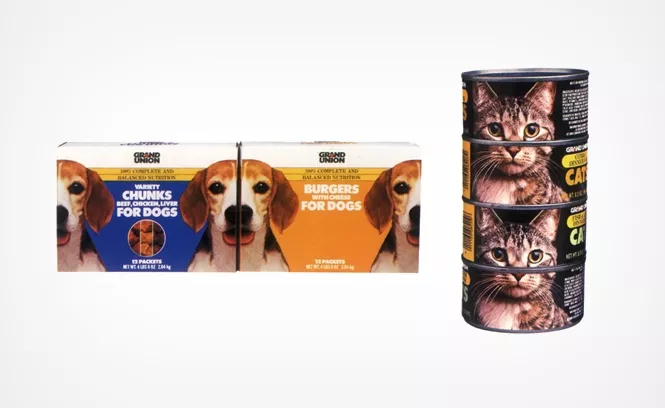 Milton Glaser's overhaul of Grand Union supermarket extended to every aspect of the shopping experience, down to the design of the pet food packaging. - COURTESY MILTONGLASER.COM