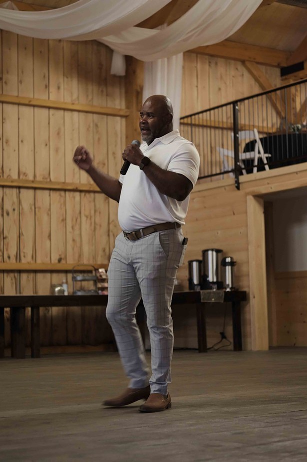 Ruben Lindo, founder of Herbn Couture, speaks at its luxury cannabis networking dinner on June 19th in Saugerties - ROY GUMPEL