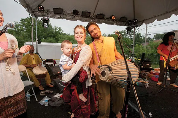 The Mayapuris prepare for a performance of kirtan and inspirational dance with Kazi Oliver supporting at the Newburgh Illuminated Festival. - RUEDI HOFMANN