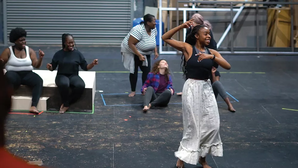 Ifeoma Ukatu with Samantha Jane Williams, Cory Sierra, Stefanie Workman, and Deborah Crumbie in February rehersals for “For Colored Girls Who Have Considered Suicide / When the Rainbow is Enuf” at SUNY New Paltz. - PHOTO BY MAXAMILLIAN EVANEGA-KAHLER
