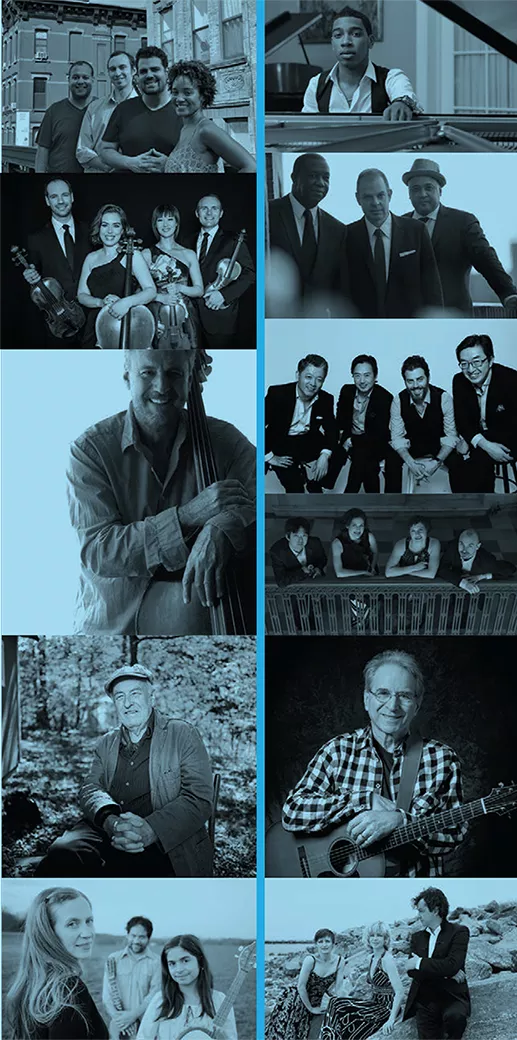 Left column from top: The Harlem Quartet, - Jasper String Quartet, Nilson Matta, Karl Berger, Elizabeth Mitchell and Family. - Right column from top: Christian Sands, The Bill Charlap Trio, Shanghai Quartet, Jupiter Quartet, Happy Traum, Trio Solisti.