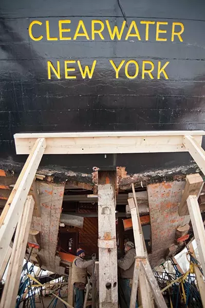 Wayne Ford and Michael Chrobot working on the keel of the Clearwater.
