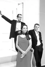 Betrayal's love-addled leads, Paul Vincent - Black (left), Anne Torsiglieri, and Andrew May.