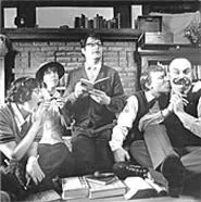 Colin Meloy (center) writes about gruesome things, but - he's humming a Sondheim tune.
