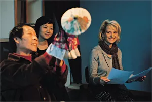 Juliette Binoche (right) and friends, sans balloon.