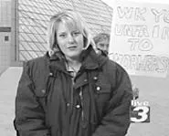 The union pickets a live Monica Robins report at the - Rock Hall.