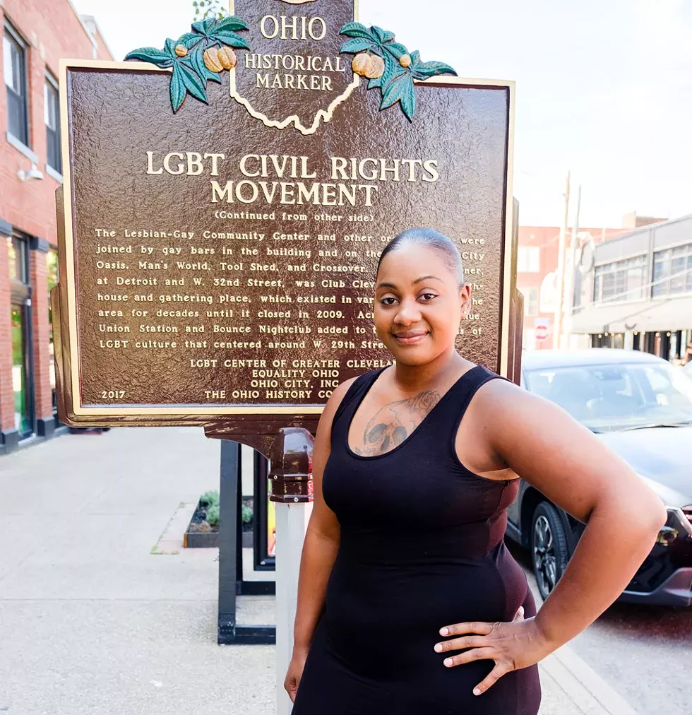 Sonia Emerson stands before the Ohio City LGBT historical marker. - PHOTO BY YOSHI ANDREGOLO, SPLIT CREATIVE