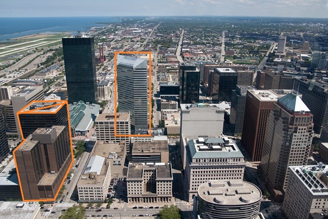 Three of the Optima Ventures current and former properties: Crowne Plaza Hotel, AECOM Building, One Cleveland Center
