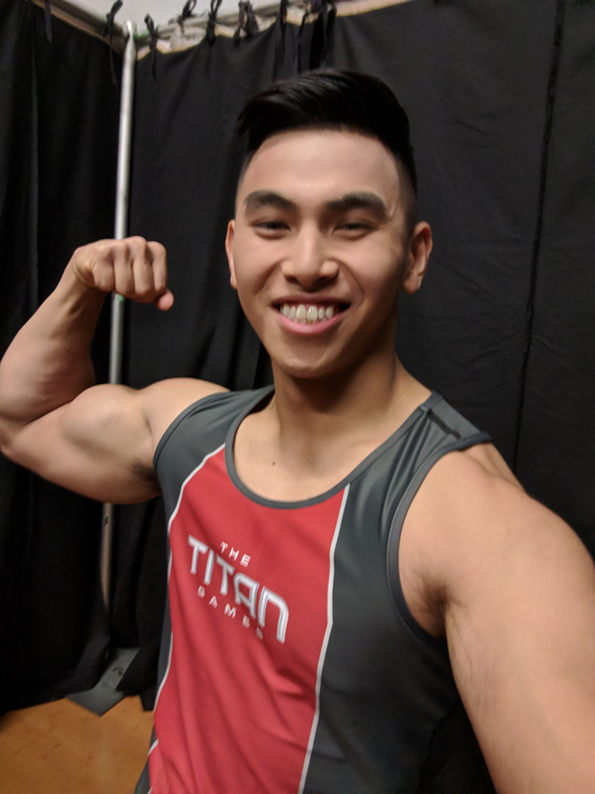 La can't say much about The Titan Games other than it's a head-to-head competition, unlike American Ninja Warrior, where two athletes vie for victory. - THONG LA