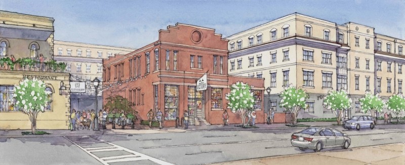 A rendering of One West Victory shows historic buildings incorporated into new construction.