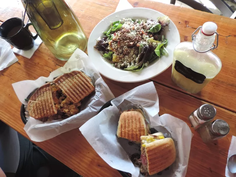 Below, Winter Bleus Salad, Cuban sandwich, and BBQ Mac ‘n’ Cheese.