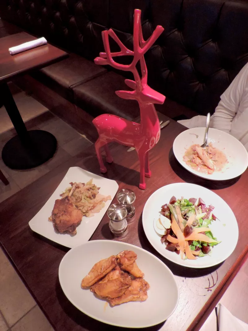 Chicken n’ Waffle Soup, Mixed Greens w/Lemon Truffle Vinaigrette, China Marine Wings, and Duck Confit.