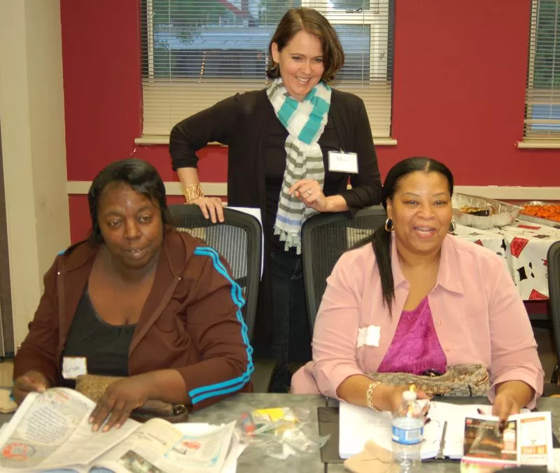 Maria Malcolm, Ph.D. (center), talks with participants Linda Brown (left) and Tiffany Brown (right) during the first session of the CRI Life Enhancement Program in Savannah. Maria is a member of the Core Team that includes health professionals in integrative health, nutrition, exercise, and sense of purpose.