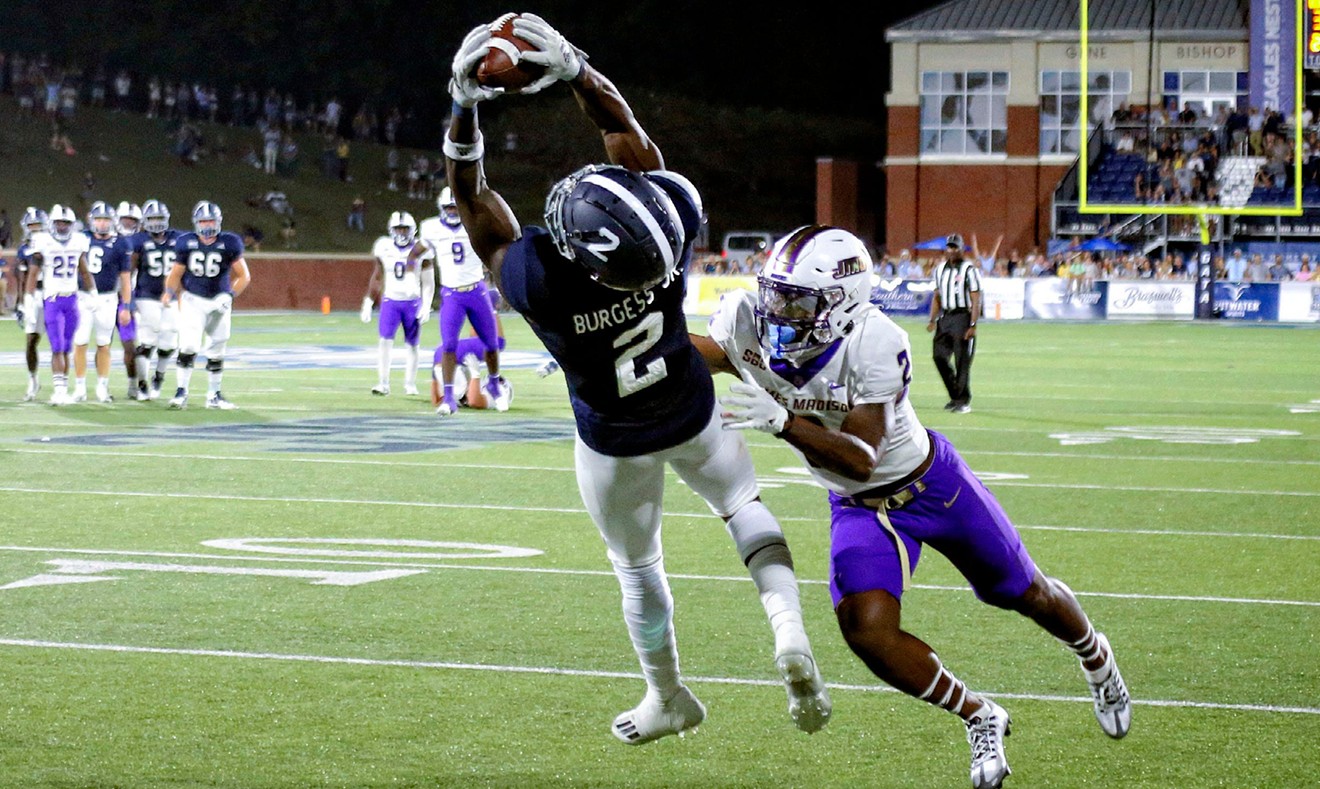 Georgia Southern receiver Derwin Burgess Jr. makes an acrobatic catch of Kyle Vantrease’s throw for a 22-yard touchdown in the 45-38 victory over No. 25 James Madison on Oct. 15, 2022 at Paulson Stadium in Statesboro. | USATNSYNDICATION