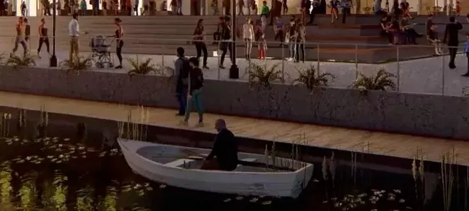 Almost certainly unintentionally, this bizarre image of a well-dressed man arriving at the Arena via an apparently about-to-sink wooden dinghy highlights the issues surrounding the use of the old industrial canal itself, and how it will relate to the new Savannah Arena.