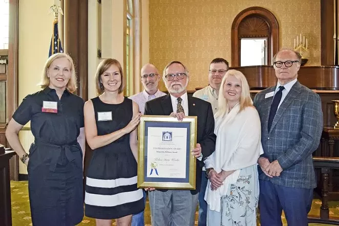From left: Georgia Schley Ritchie, Chair, Georgia Trust for Historic Preservation; Rebecca Fenwick, Lominack Kolman Smith; Eric Davenport, Savannah Construction and Preservation; Jerry Lominack, Lominack Kolman Smith; Gary Thorne, Savannah Construction and Preservation; Brandy Davenport, Savannah Construction and Preservation; and Mark C. McDonald, President/CEO, Georgia Trust for Historic Preservation.