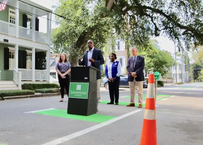 At a July 31 ribbon-cutting ceremony, City of Savannah Mobility and Parking Services Director Sean Brandon said the newly greened bike lane is part of the City’s effort offer more transportation options.