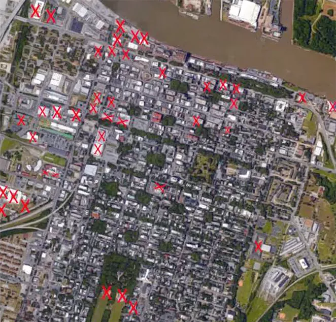 Red X’s show where modern hotels, parking garage and other - large construction projects have destroyed portions of entire archaeological sites. These are only some examples, and do not include other areas where sites have been damaged partially. - FROM THE SAAG PRESENTATION