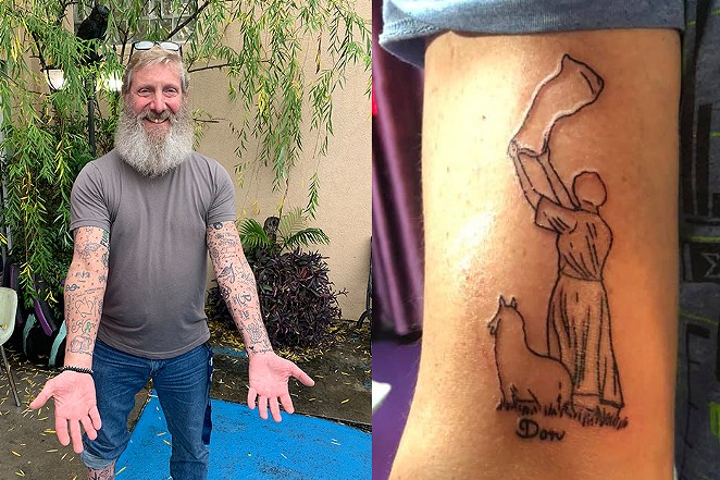 Left: Don Caskey while visiting Savannah's Tramp Art Studios. Right: A new tattoo of Savannah's Waving Girl. - PHOTOS BY LAUREN WOLVERTON/CONNECT SAVANNAH