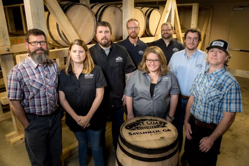 Ghost Coast founders Sywassink (far left), Ingersoll (far right) and staff have all adopted Savannah as their home, bringing us the first distillery in Savannah since Prohibition was lifted.