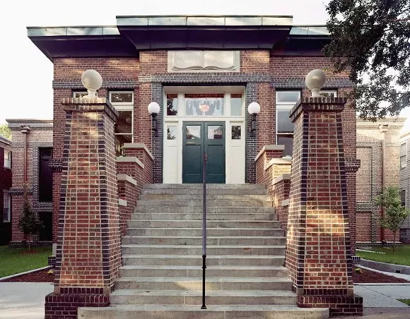 The Carnegie Library on Henry Street founded in 1906 by a group of black businessmen was Savannah’s first public library and the city’s only example of Prairie School-style architecture.