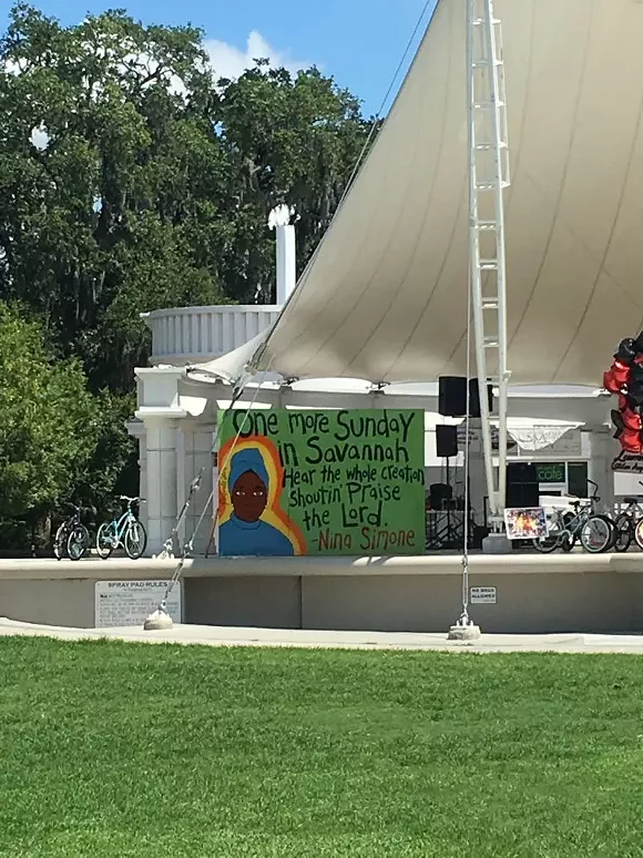 A 12’x8’-foot portrait of vocalist and activist Nina Simone found a temporary home in Forsyth Park over the weekend, though plans for its future remain uncertain.