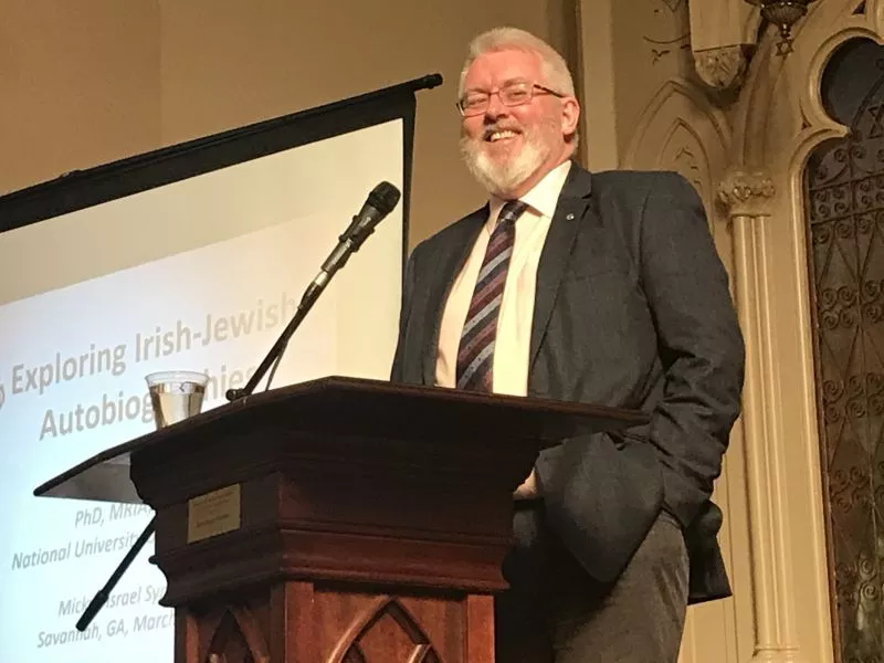 Pol O Dochartaigh, Deputy President of the National University of Ireland in Galway, speaks at Congregation Mickve Israel, as part of an exhibit on Irish-Jewish connections. (photo Orlando Montoya)