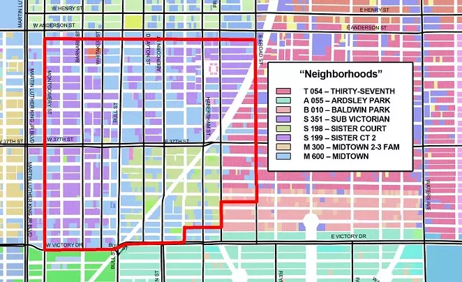 “Neighborhood” designations in and around the Thomas Square Streetcar Historic District (in red). - MARCEL WILLIAMS