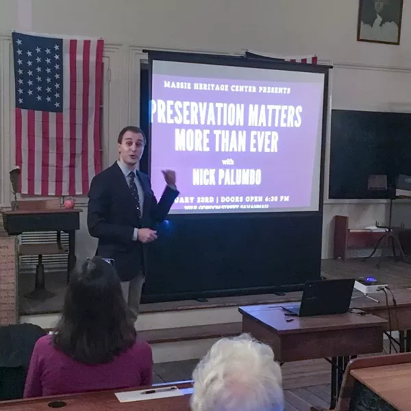 Nick Palumbo at last week's talk at the Massie Heritage Center.