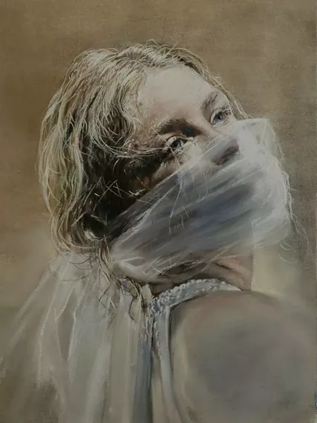 "Breathless" by June Stratton, pastel on sanded pastel paper, is worth 8 taco boxes.