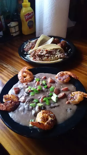 Pork Carnitas Tacos w/ Jalapeno-Cheese hushpuppies + Shrimp n’ Grits